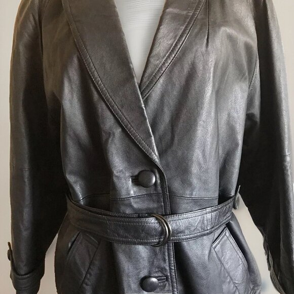 Liz Baker‎ Black Leather Wrap Jacket 3/4 Length Belted Coat Size Petite Large - Picture 4 of 11